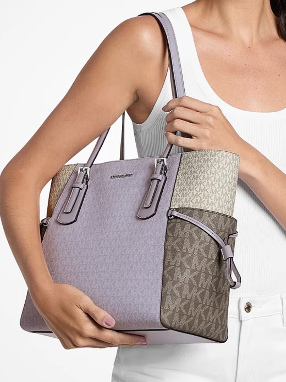 Michael Kors Voyager Large Color-Block Signature Logo Tote Shoulder Bag Lilac